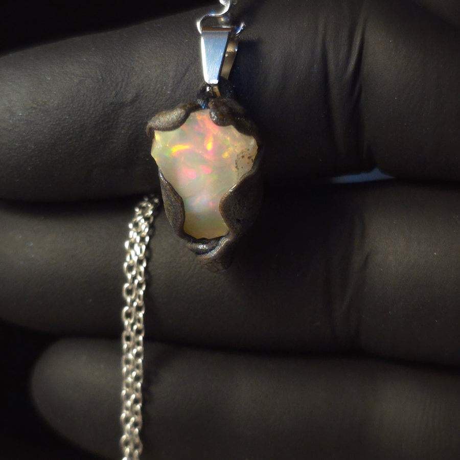 Solar Core — Handmade Opal Pendant, Gold & Red Fire, White Heart