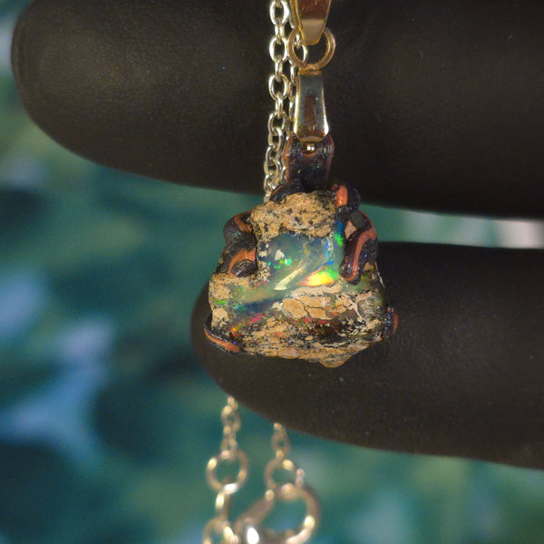 Opal Necklace — Deep Blue Matrix, Red & Green Fire