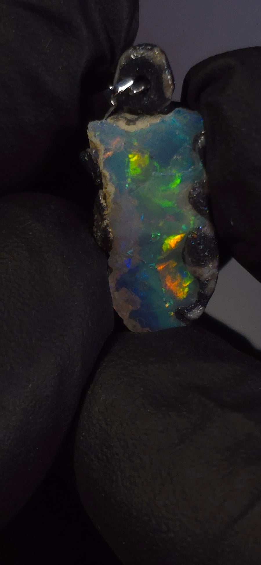 Opal Necklace — Multicolour Fire & Flashes, Light Blue Body